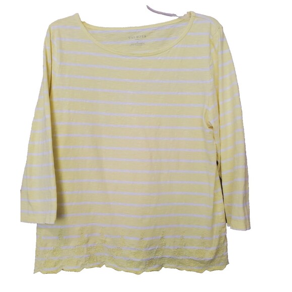 Talbots 100% Cotton Yellow Striped Scalloped Embroidered Hem T-Shirt Size XL - Picture 1 of 5
